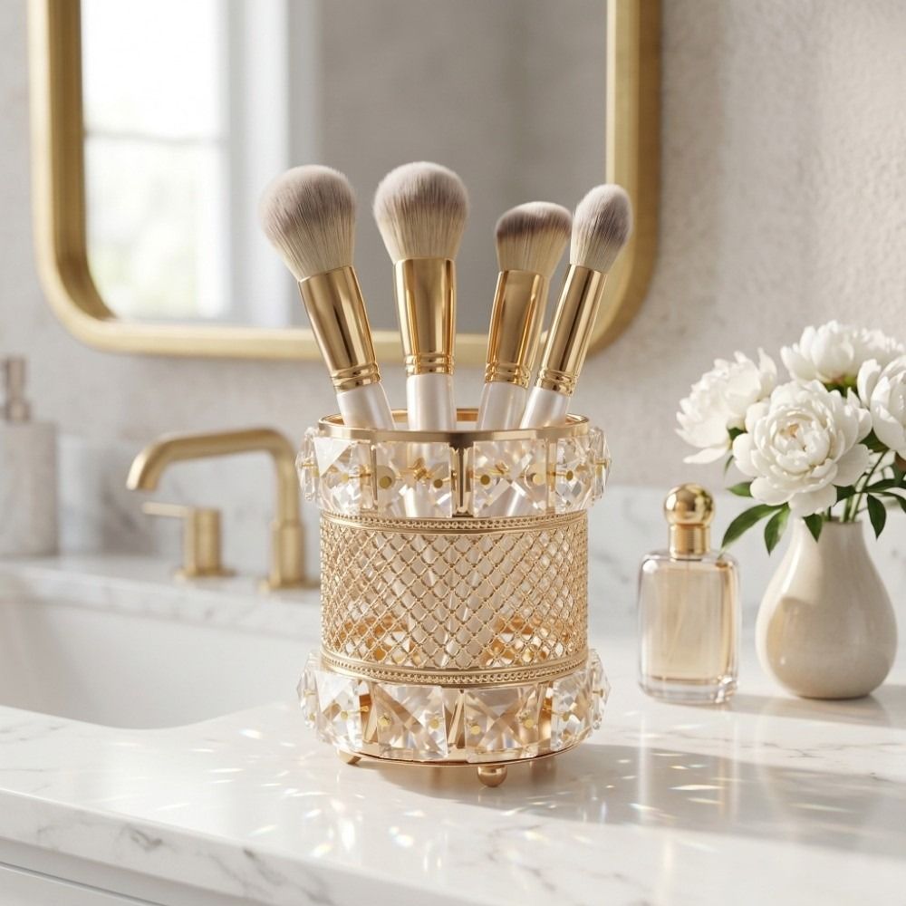 Luxury Skincare And Makeup Brands - حامل فرش مكياج ذهبي، منظم فاخر